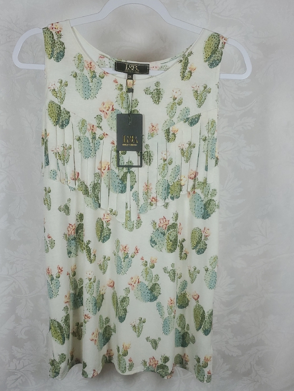 L&B Cactus Print Sleeveless Tank in Cream, Green & Pink
